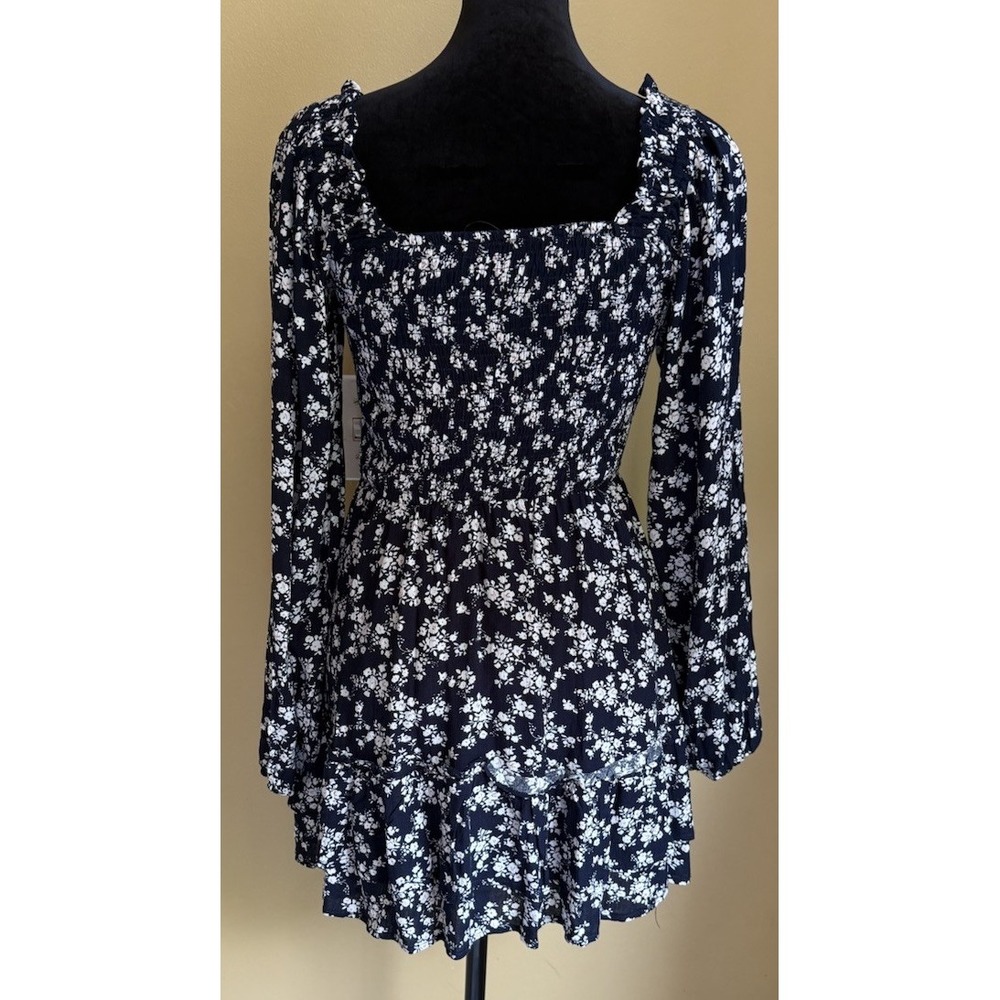 Delightful Dreams Navy Floral Smocked Balloon Sleeve Mini Dress XS NWT